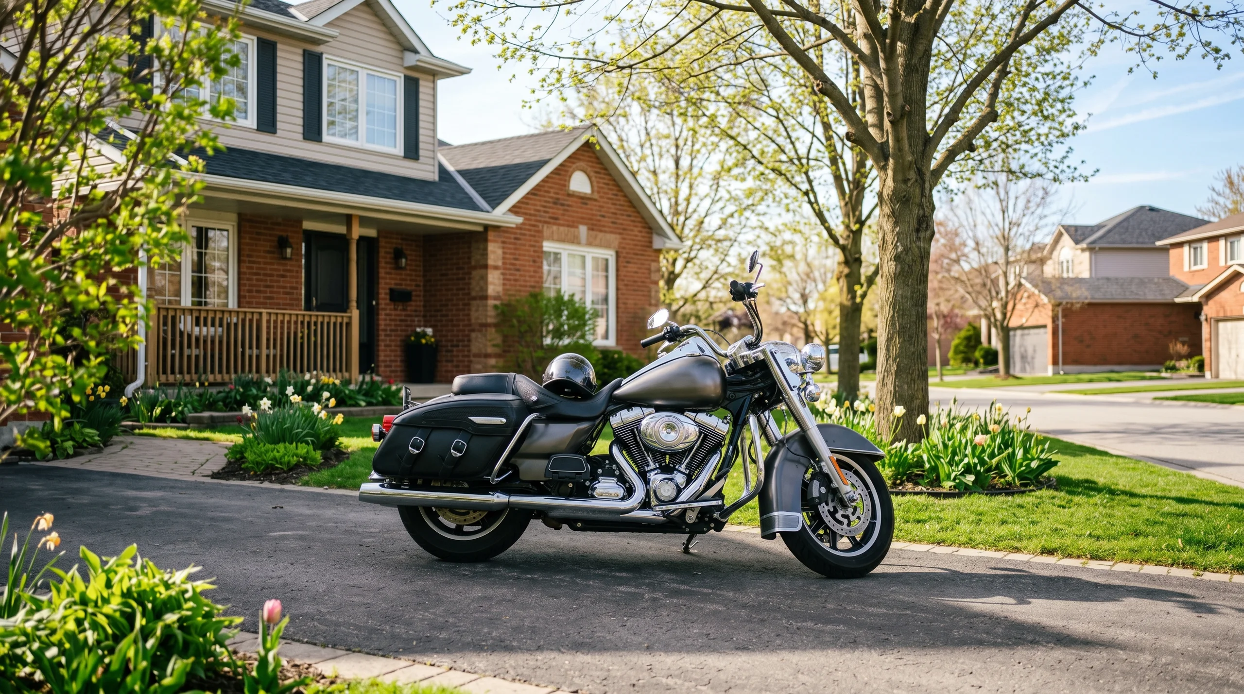 Harley-Davidson cruiser parked in a residential Ontario driveway, spring morning light