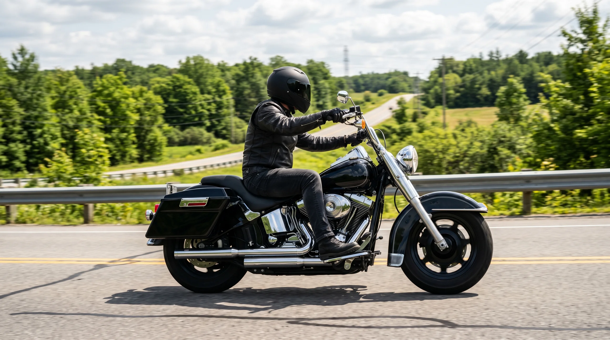 Harley-Davidson touring cruiser on a rural Ontario highway, rider in leather jacket standing beside the bike