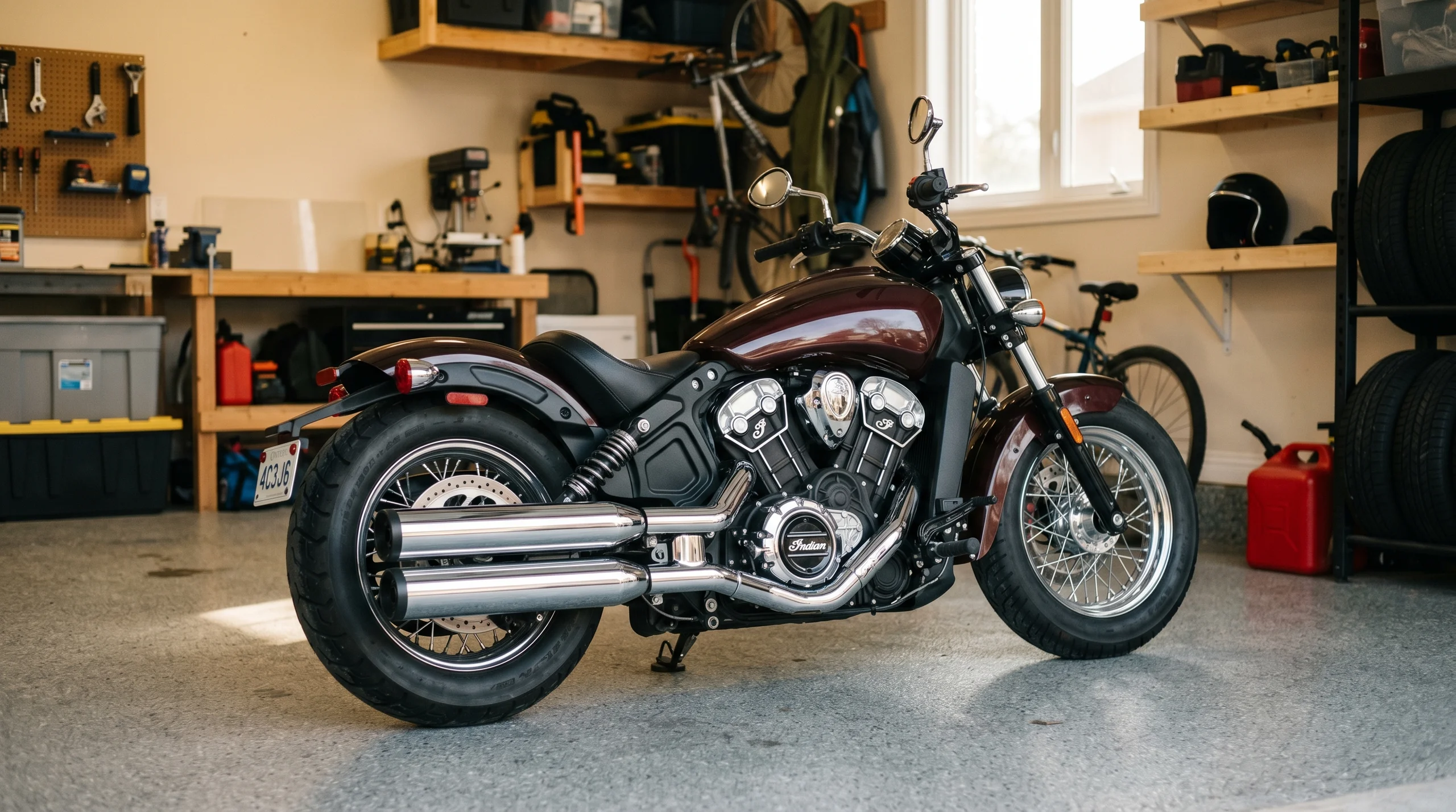 Indian Motorcycle Chief cruiser in a garage setting, chrome detail, Ontario rider lifestyle