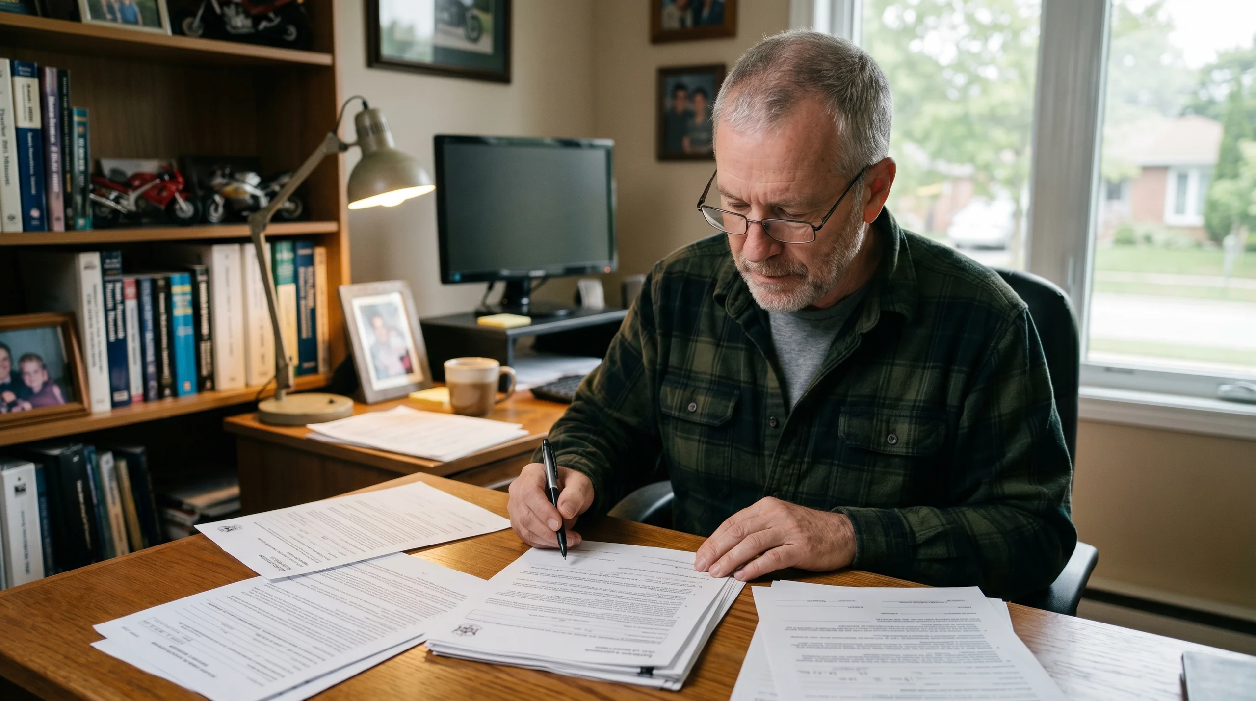 Rider reviewing motorcycle insurance documents at a table, Harley cruiser visible in background