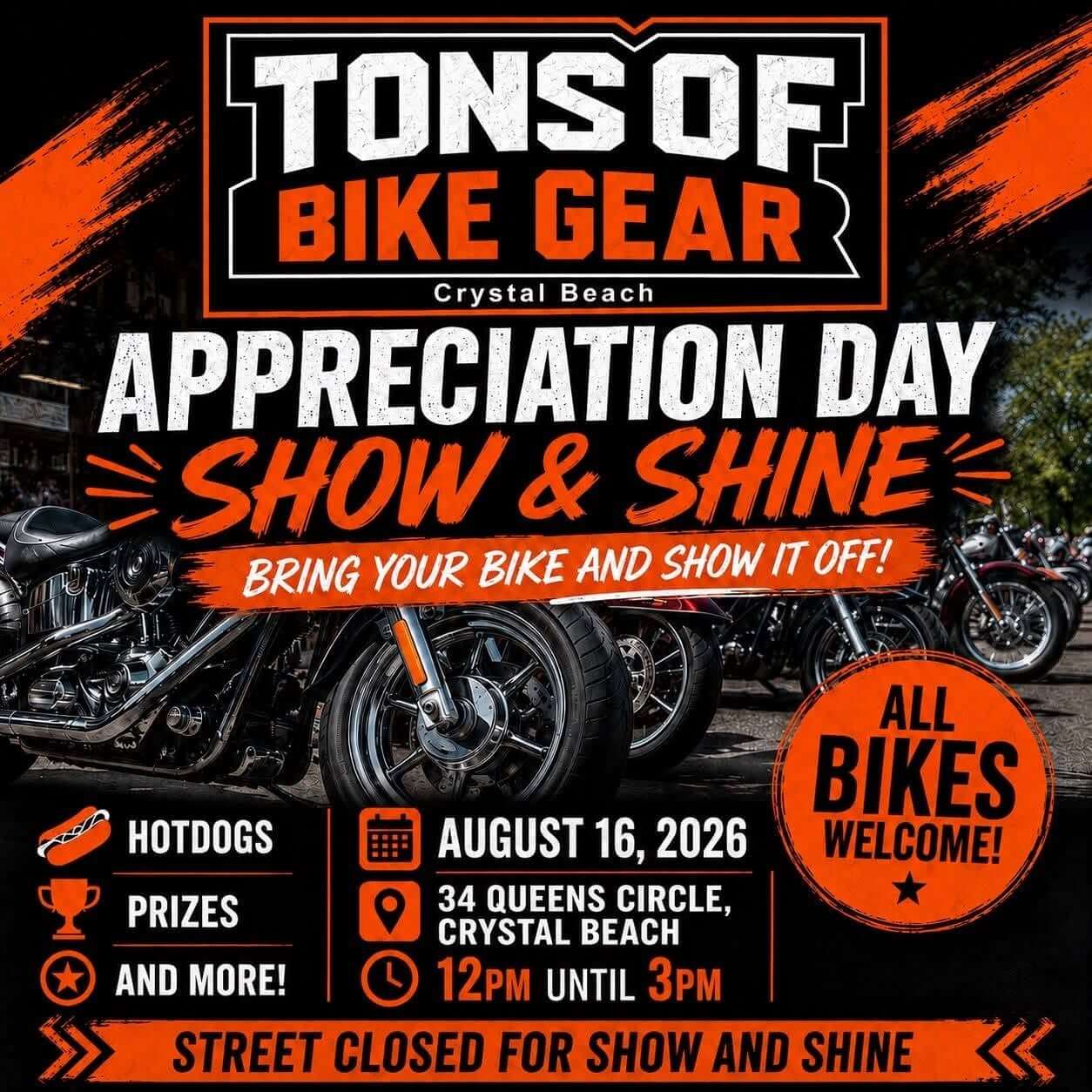 Tons of Bike Gear Crystal Beach Appreciation Day Show & Shine