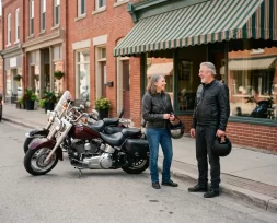 Two cruisers parked outside a small-town main street cafe at a mid-loop stop, riders holding their helmets