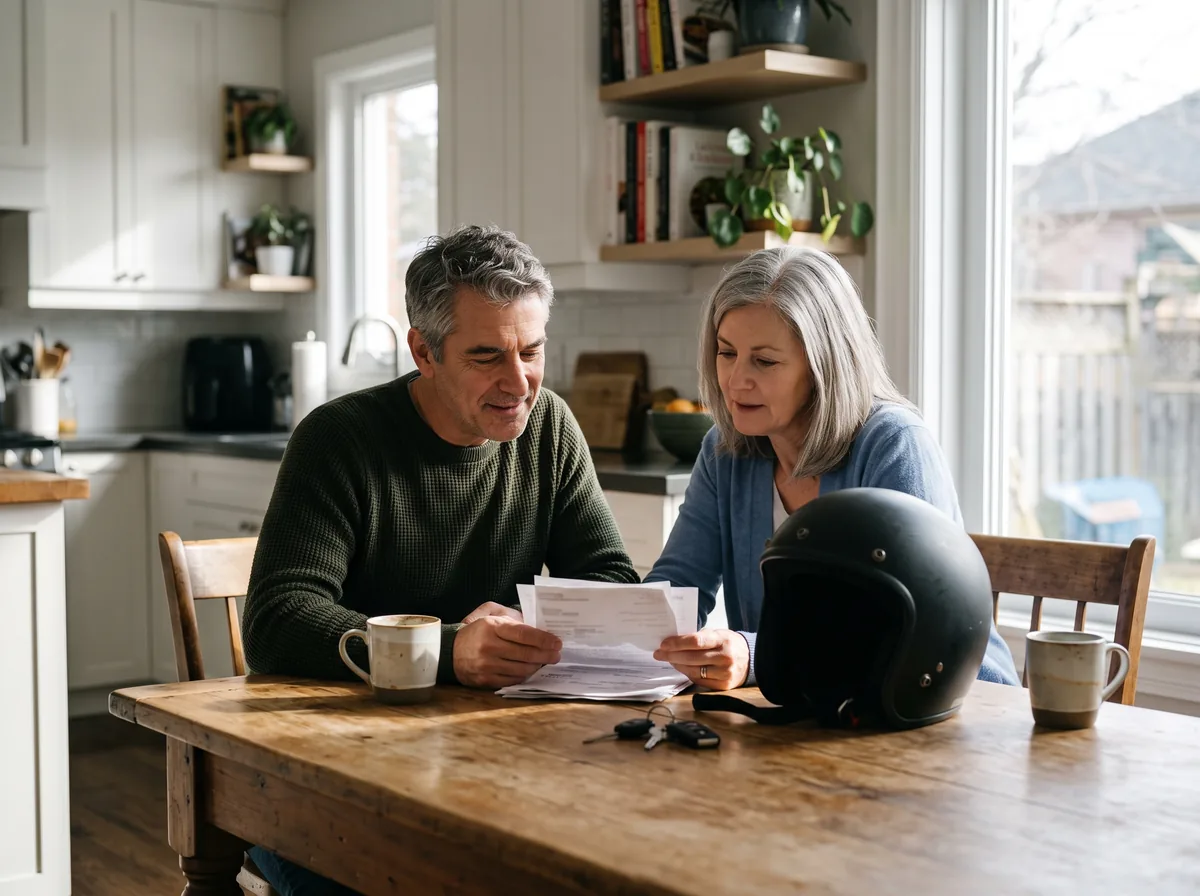 A couple reviewing paperwork at a kitchen table, a helmet and car keys beside them, sorting three policies at once