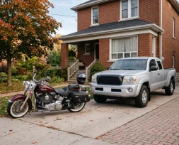 A cruiser, a pickup truck and a brick house in one driveway, the three policies a bundle brings together