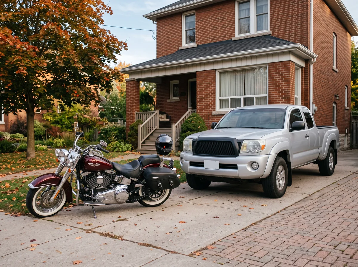 A cruiser, a pickup truck and a brick house in one driveway, the three policies a bundle brings together