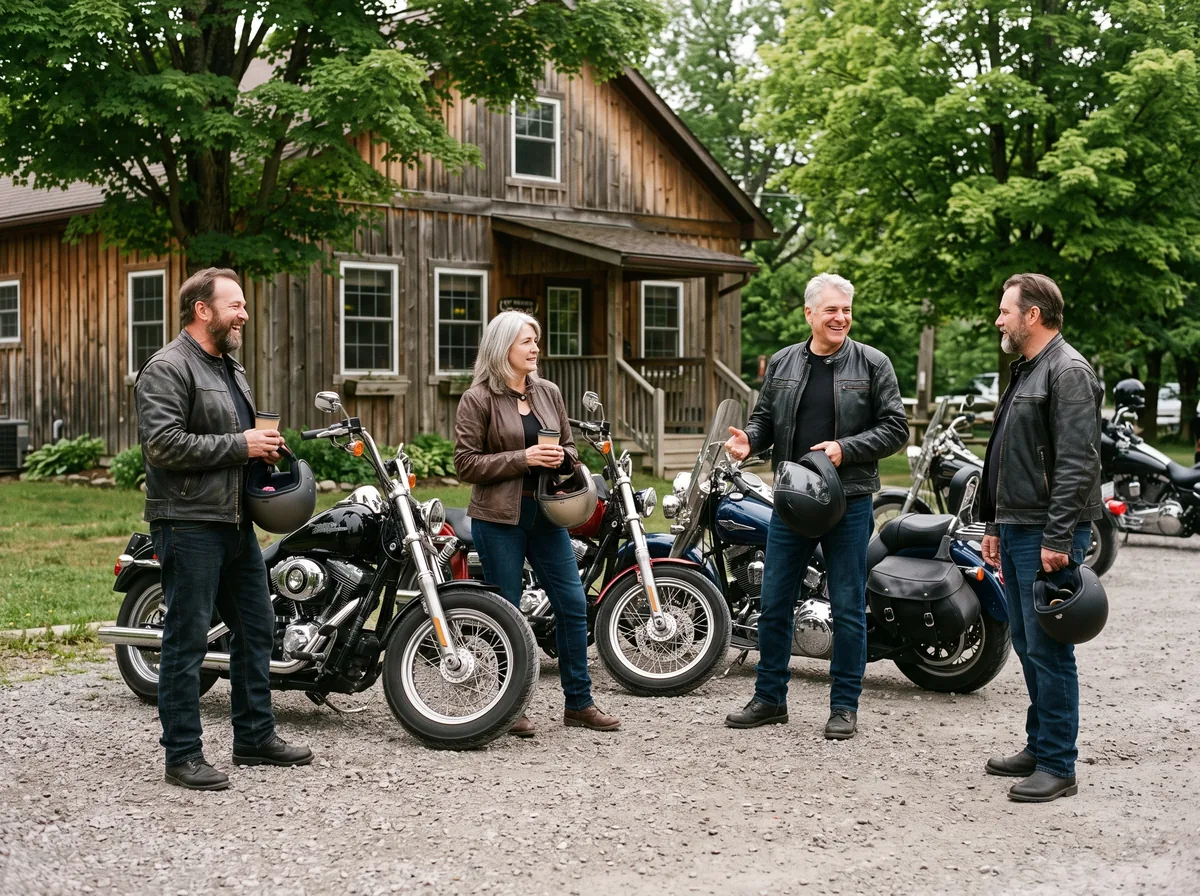 Cruiser riders in their fifties with coffee beside their parked bikes outside a rural cafe, helmets in hand