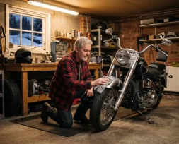 A rider polishing the chrome on a parked cruiser in a home garage on a winter evening, helmet on the workbench