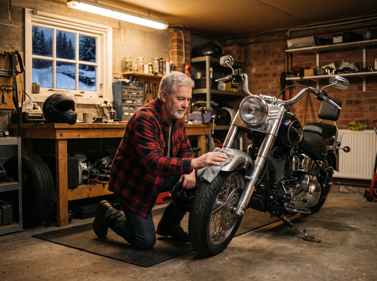 A rider polishing the chrome on a parked cruiser in a home garage on a winter evening, helmet on the workbench