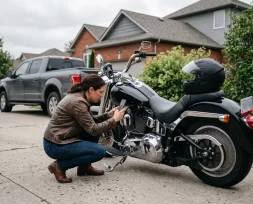 A rider photographing a modified cruiser in a residential driveway to document the build for their broker