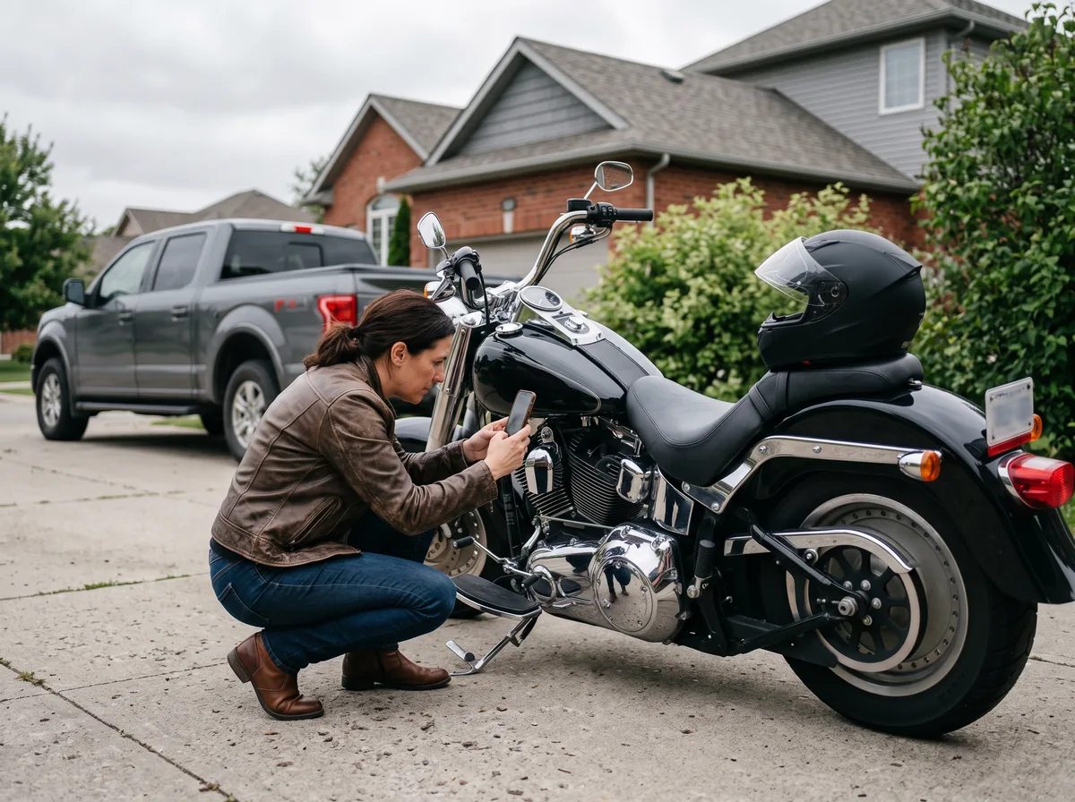 A rider photographing a modified cruiser in a residential driveway to document the build for their broker