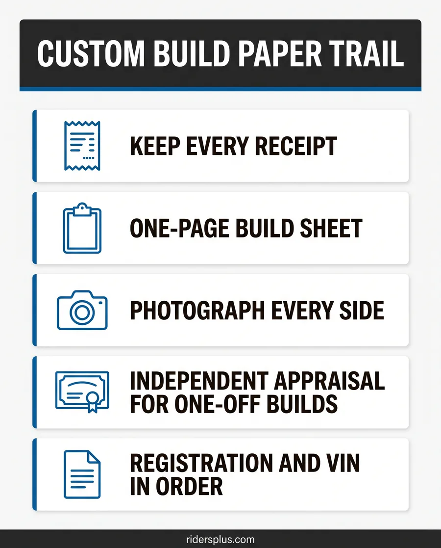 Infographic of the paper trail behind a custom build: receipts, build sheet, photos, appraisal, registration