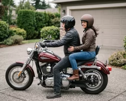 A rider and passenger seated on a parked cruiser in a driveway, both in helmets, the passenger's feet on the floorboards