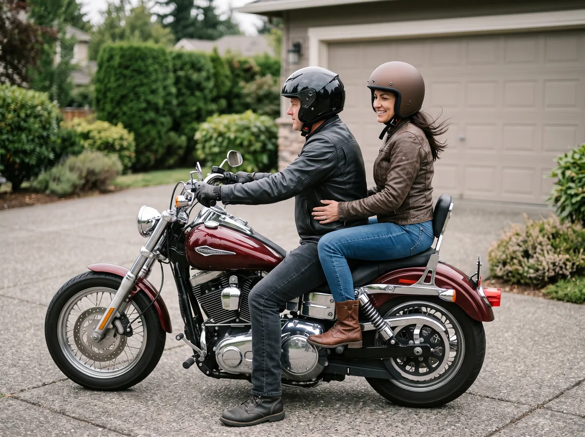 A rider and passenger seated on a parked cruiser in a driveway, both in helmets, the passenger's feet on the floorboards