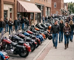Rows of parked cruisers along a main street during a motorcycle rally, riders walking between them with helmets