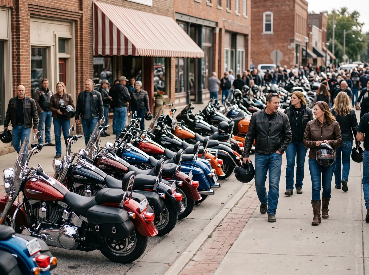 Rows of parked cruisers along a main street during a motorcycle rally, riders walking between them with helmets