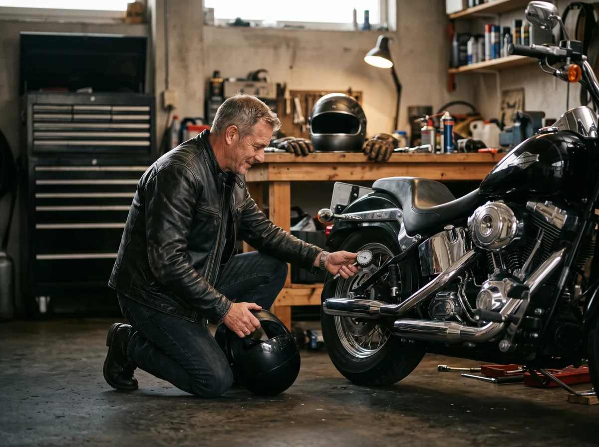 A rider in a leather jacket checking tire pressure on a parked cruiser in a home garage the week before Port Dover